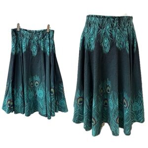 H&M peacock feather flare midi skirt size 6 turquoise green bohemian boho hippie